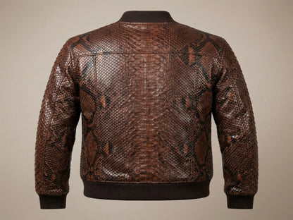 Genuine Python Snakeskin Leather Bomber Jacket: Brown Exotic Biker Motorcycle Jacket