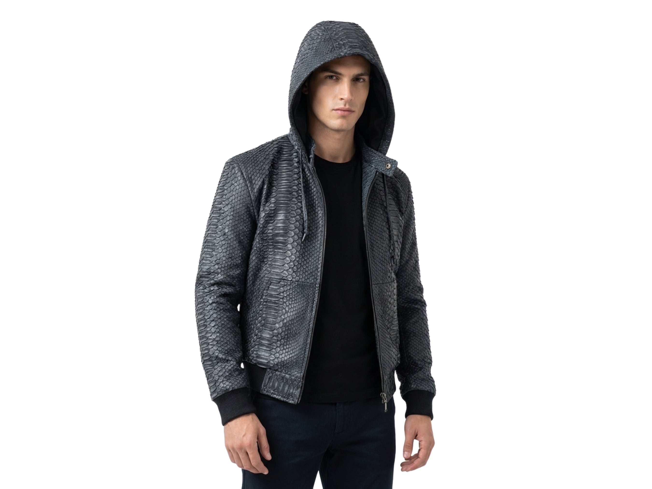 Genuine Python Snakeskin Hoodie Bomber Jacket | Black Nubuck Matte Lea