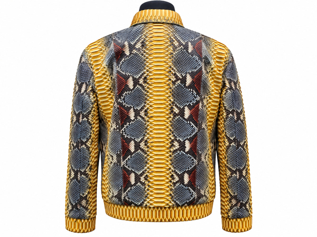 Back view of a mustard gold and charcoal python snakeskin leather jacket, showcasing the geometric scale pattern, contrasting gold center panel, shoulder sections, cuffs, and waistband.