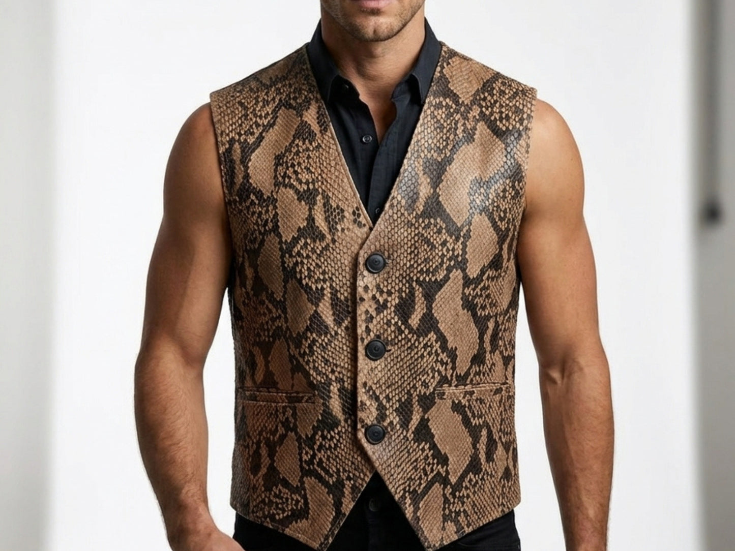 Genuine Python Snakeskin Leather Vest: Exotic Brown Waistcoat