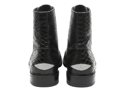 Genuine Python & Stingray Leather Boots: Black Exotic Snakeskin Unisex Combat Boots