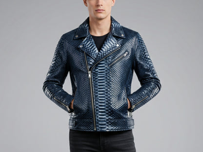 Genuine Python Snakeskin Biker Jacket: Blue Exotic Leather Motorcycle Jacket