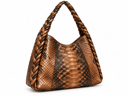 Genuine Python Snakeskin Shoulder Hobo Bag - Cognac Brown