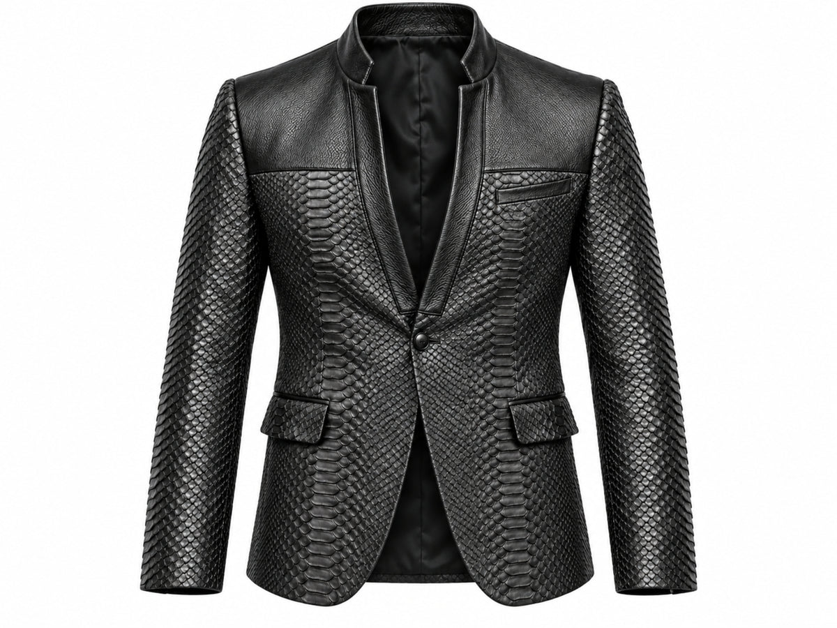 Genuine Python Snakeskin Leather Blazer for Men - Black