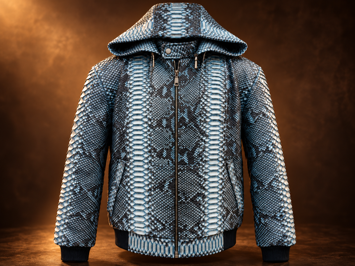 A hooded zip-front jacket with a bold snakeskin pattern in black, gray, and light blue, shown against a warm brown studio background.