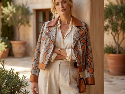 Python Snakeskin Biker Leather Jacket: Multi-Color Orange