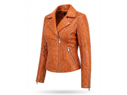 Genuine Python Snakeskin Leather Biker Jacket for Women in burnt orange, featuring stylish zip details and a classic motorcycle cut.