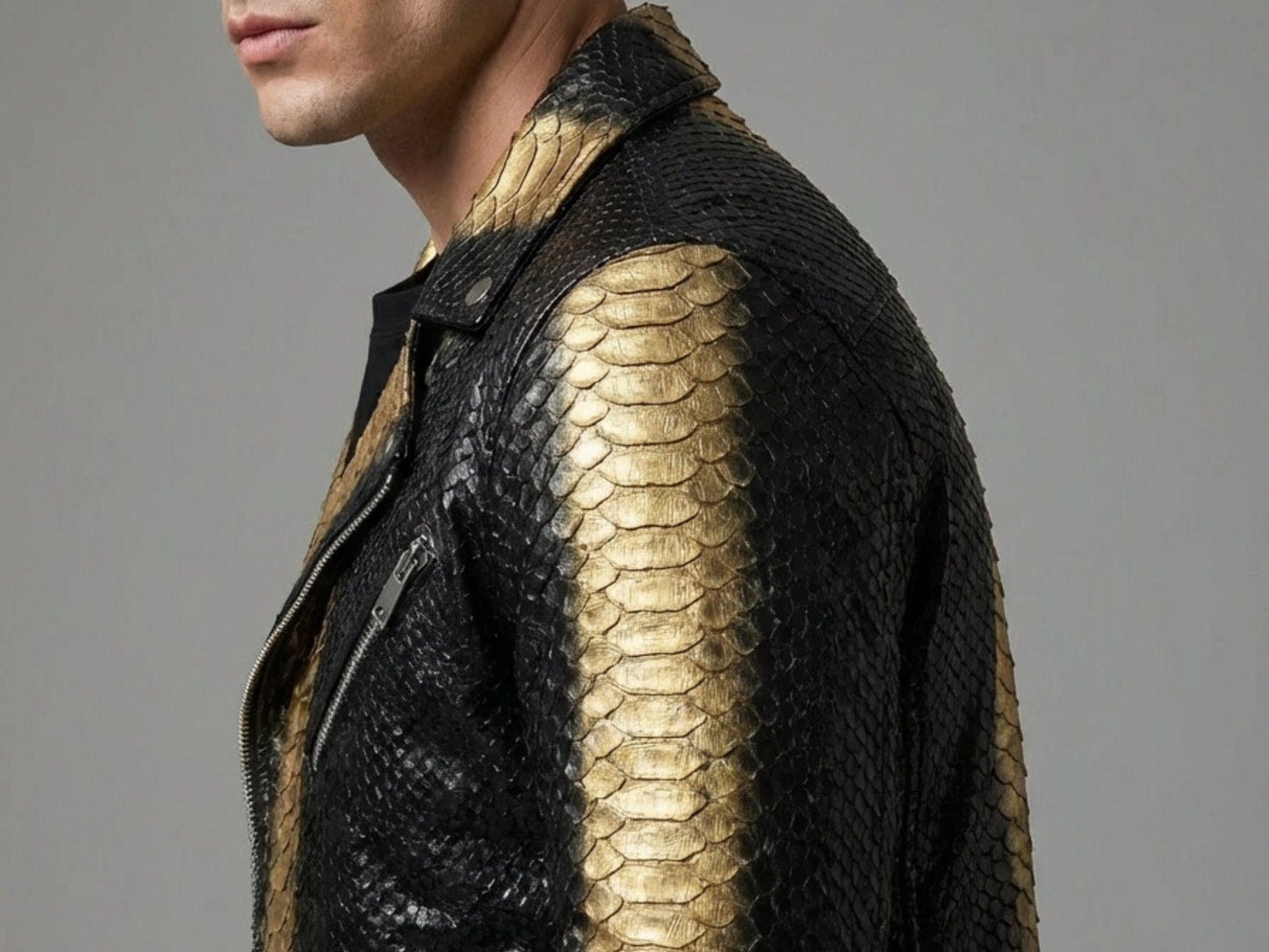 Genuine Python Snakeskin Biker Jacket: Black Gold Exotic Leather Motorcycle Jacket