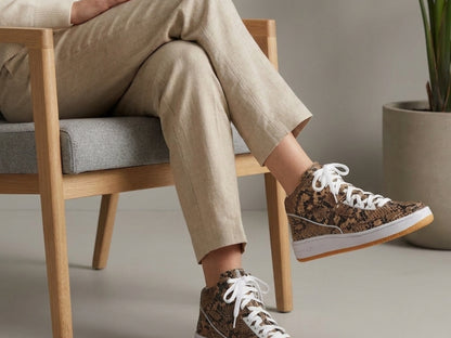 Brown Python Snakeskin Leather High-Top Sneakers