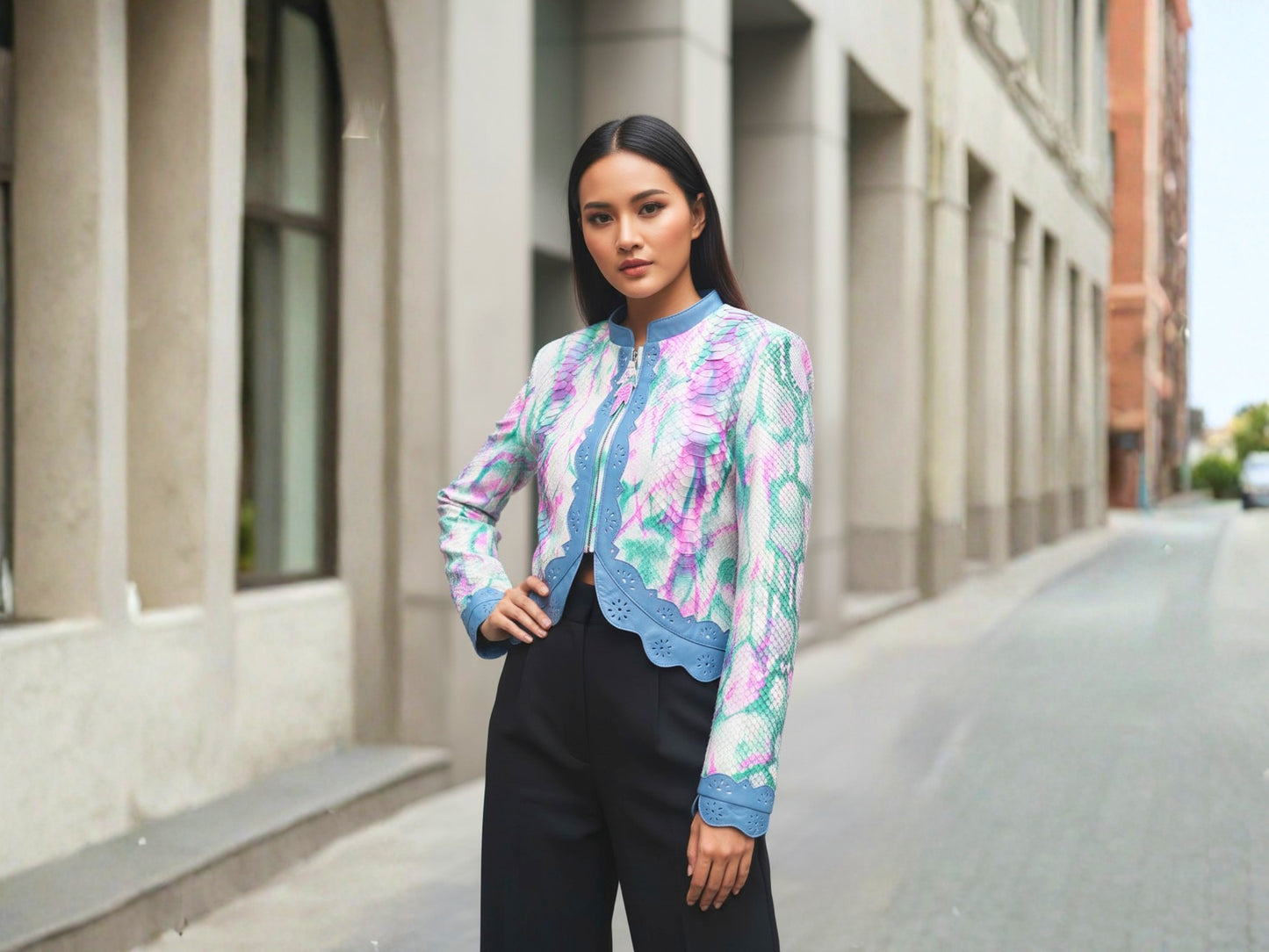 Tie Dye Python Snakeskin Leather Jacket: Genuine Exotic Leather Cropped Blazer with Blue Trim