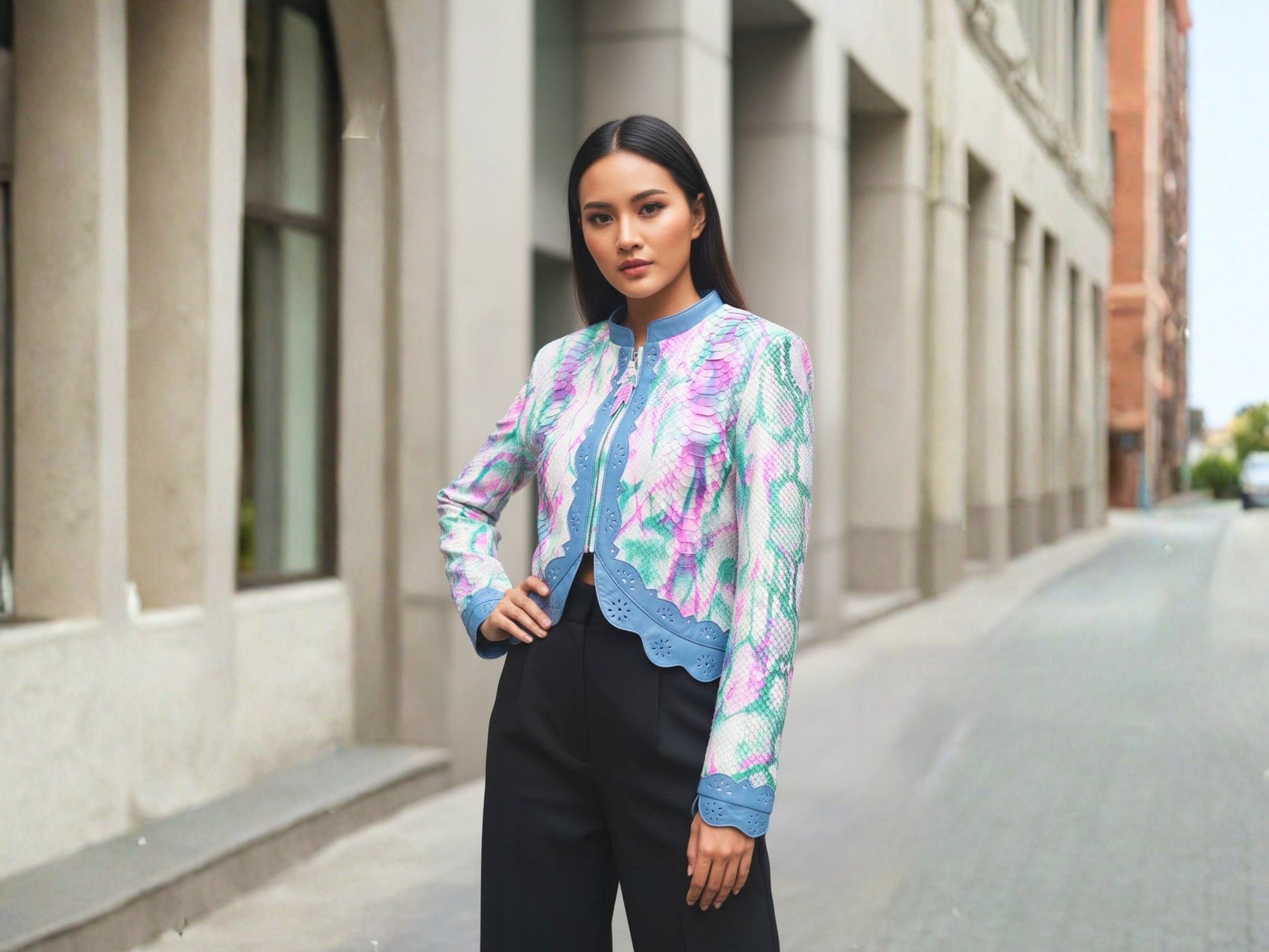 Tie Dye Python Snakeskin Leather Jacket: Genuine Exotic Leather Cropped Blazer with Blue Trim