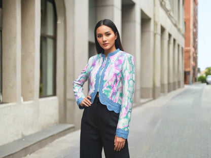 Tie Dye Python Snakeskin Leather Jacket: Genuine Exotic Leather Cropped Blazer with Blue Trim