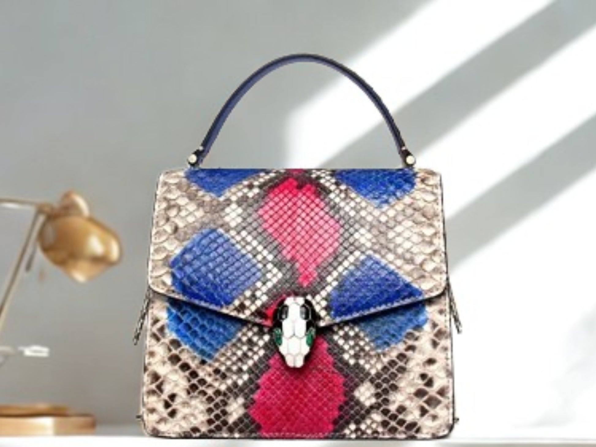 Python Handbag Chain Strap - multi color with head snake accent on closure