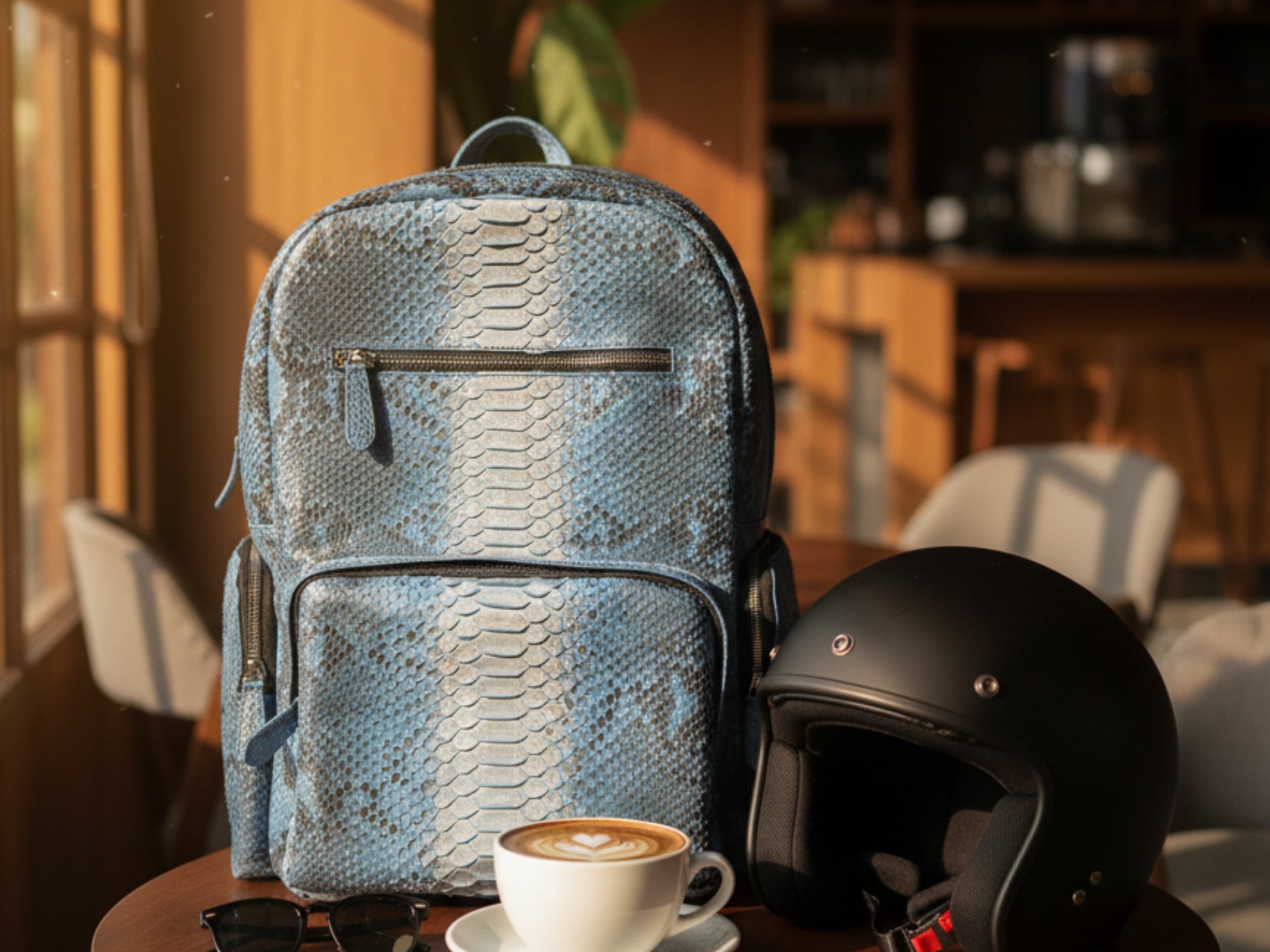 Metallic Blue Genuine Python Snakeskin Backpack: Convertible Laptop Backpacks