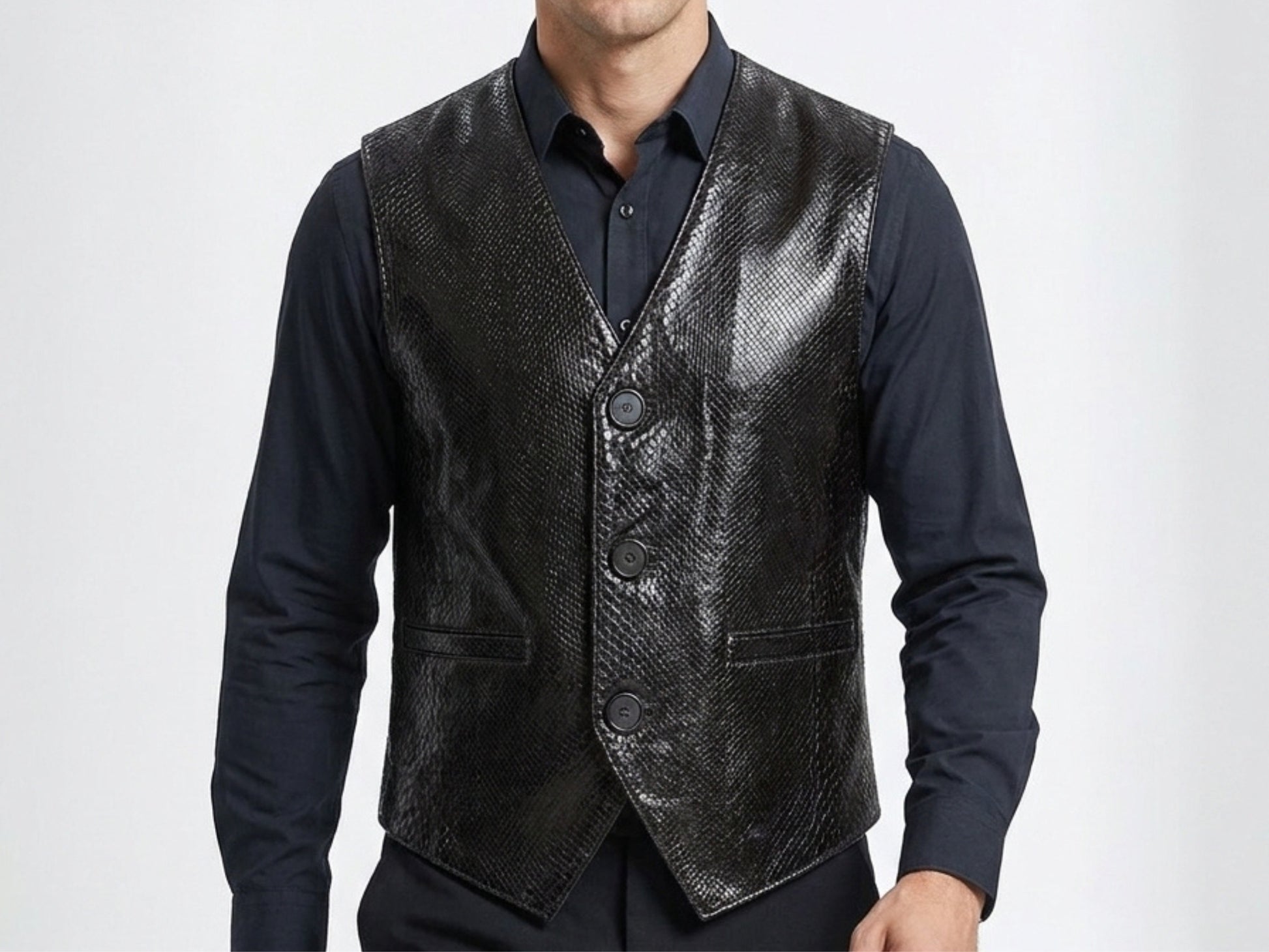 Genuine Python Snakeskin Leather Vest: Black Waistcoat