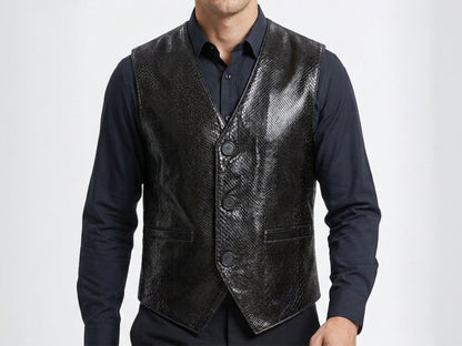 Genuine Python Snakeskin Leather Vest: Black Waistcoat