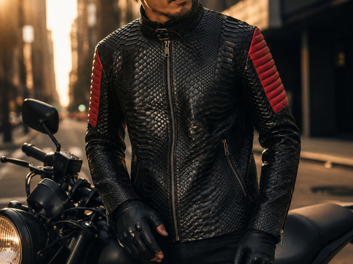 Python Snakeskin Leather Jacket: Quilted Sleeves - LFM Fashion International LLC