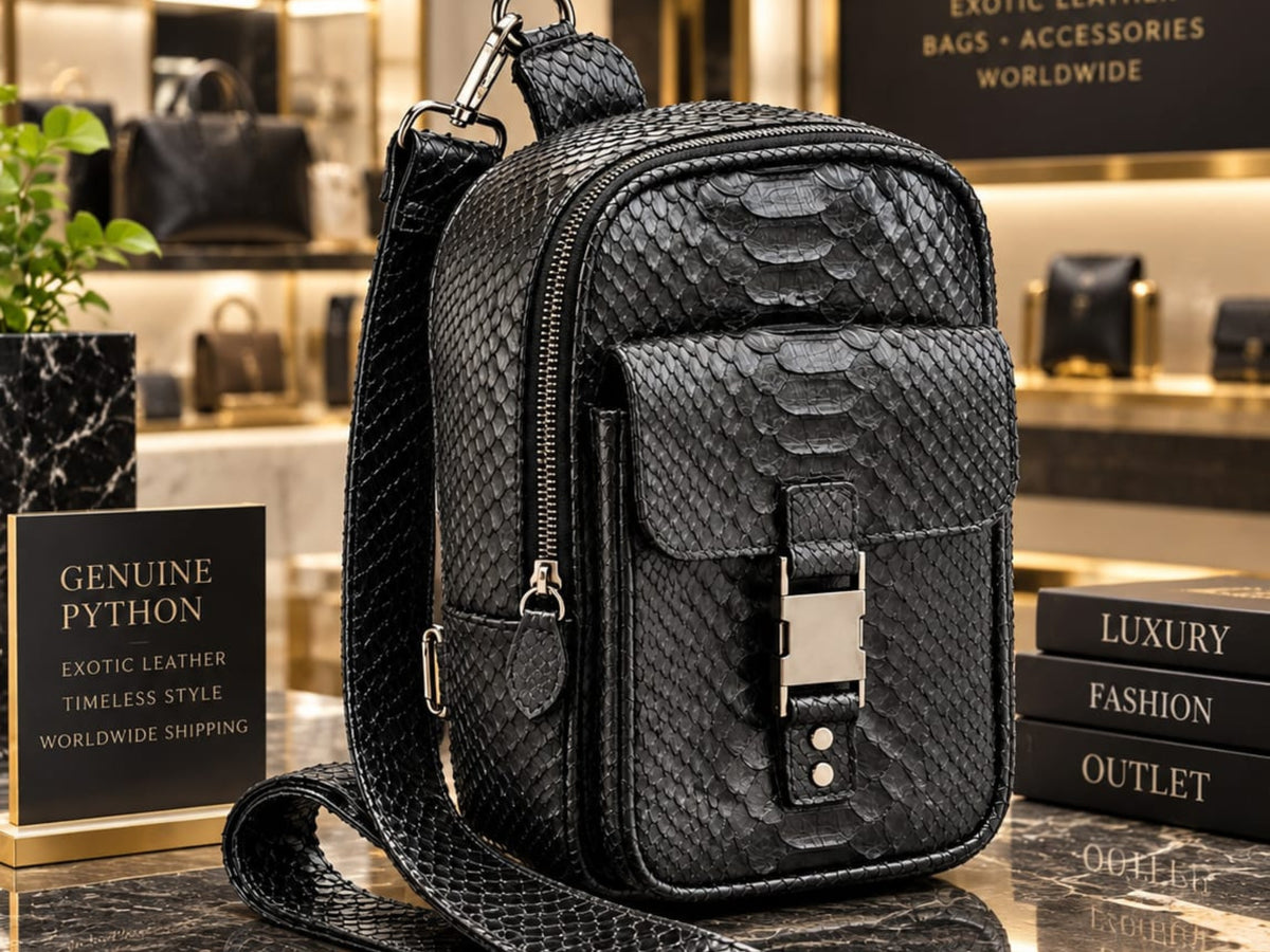 Black python-textured leather crossbody bag with a front zip pocket and silver-tone hardware, displayed on a dark countertop in a boutique setting with branded signage and books.