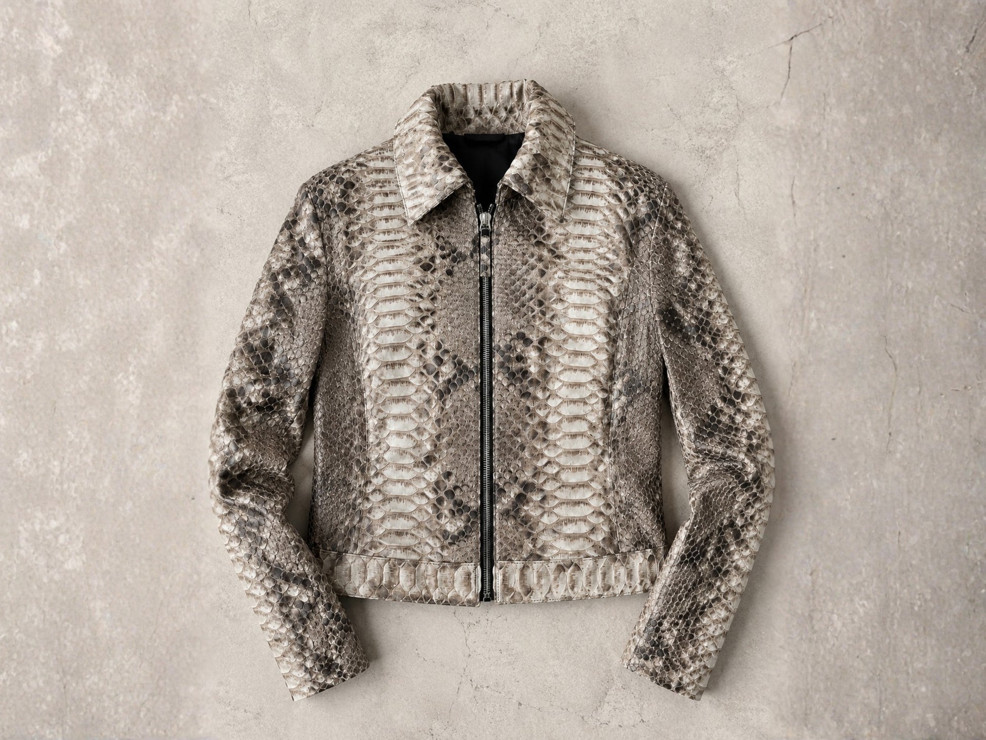 Python Snakeskin Leather Zip Jacket: Convertible Shirt Mandarin Collar