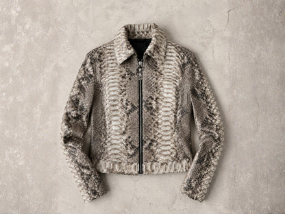 Python Snakeskin Leather Zip Jacket: Convertible Shirt Mandarin Collar