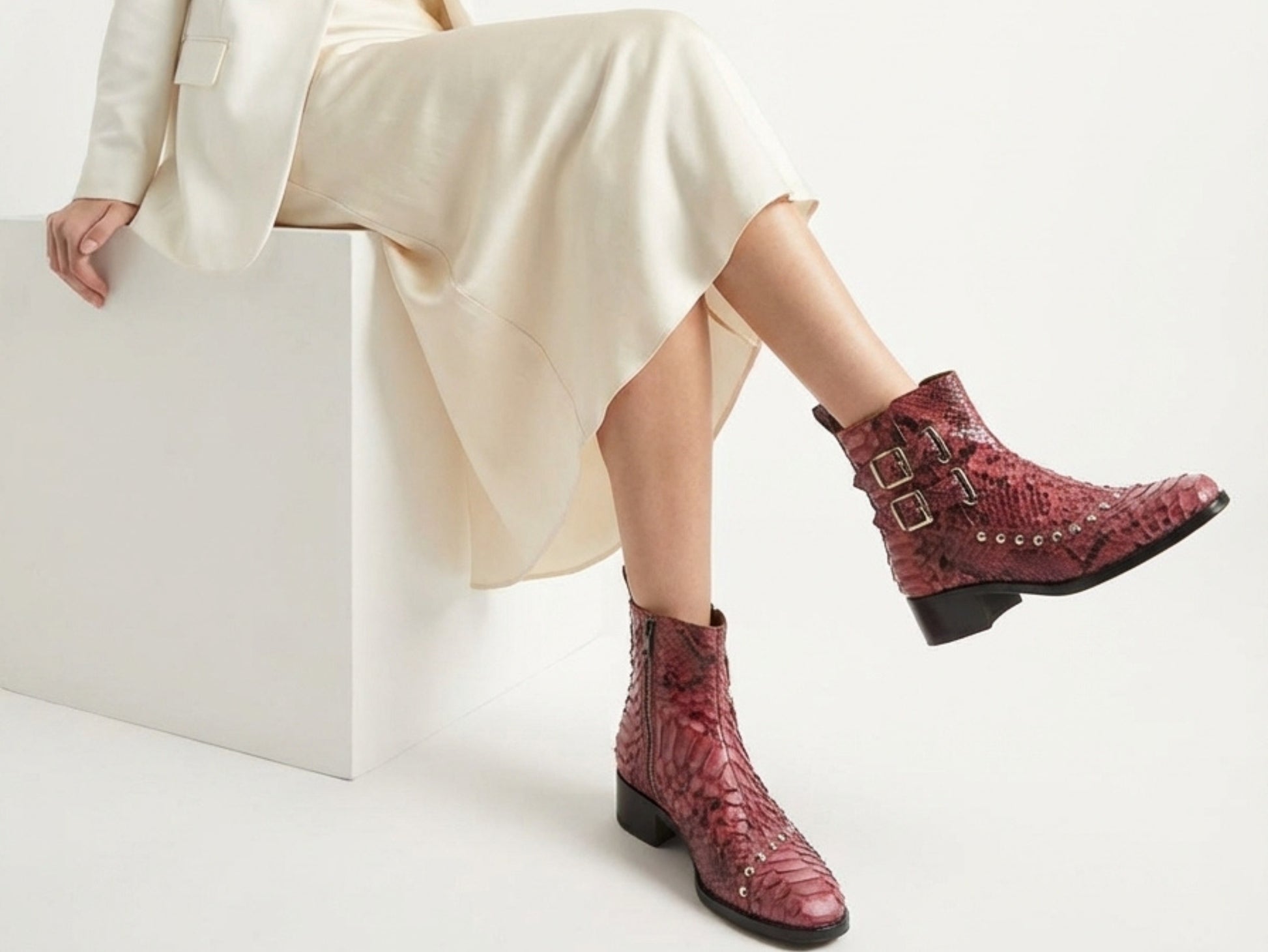 Genuine Python Snakeskin Boots | Unisex Exotic Leather Ankle Boots with Buckle & Stud Design