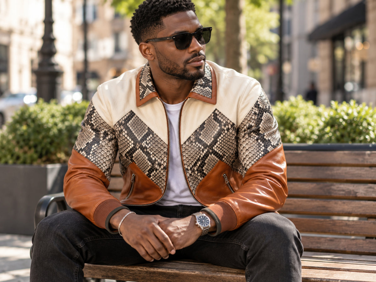 Men's Bomber Jacket | Genuine Python Snakeskin | Lambskin Leather | Cream Brown