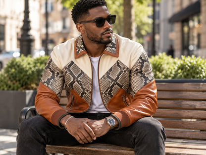 Men's Bomber Jacket | Genuine Python Snakeskin | Lambskin Leather | Cream Brown
