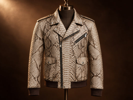 Python Snakeskin Biker Jacket for Men – Beige Brown