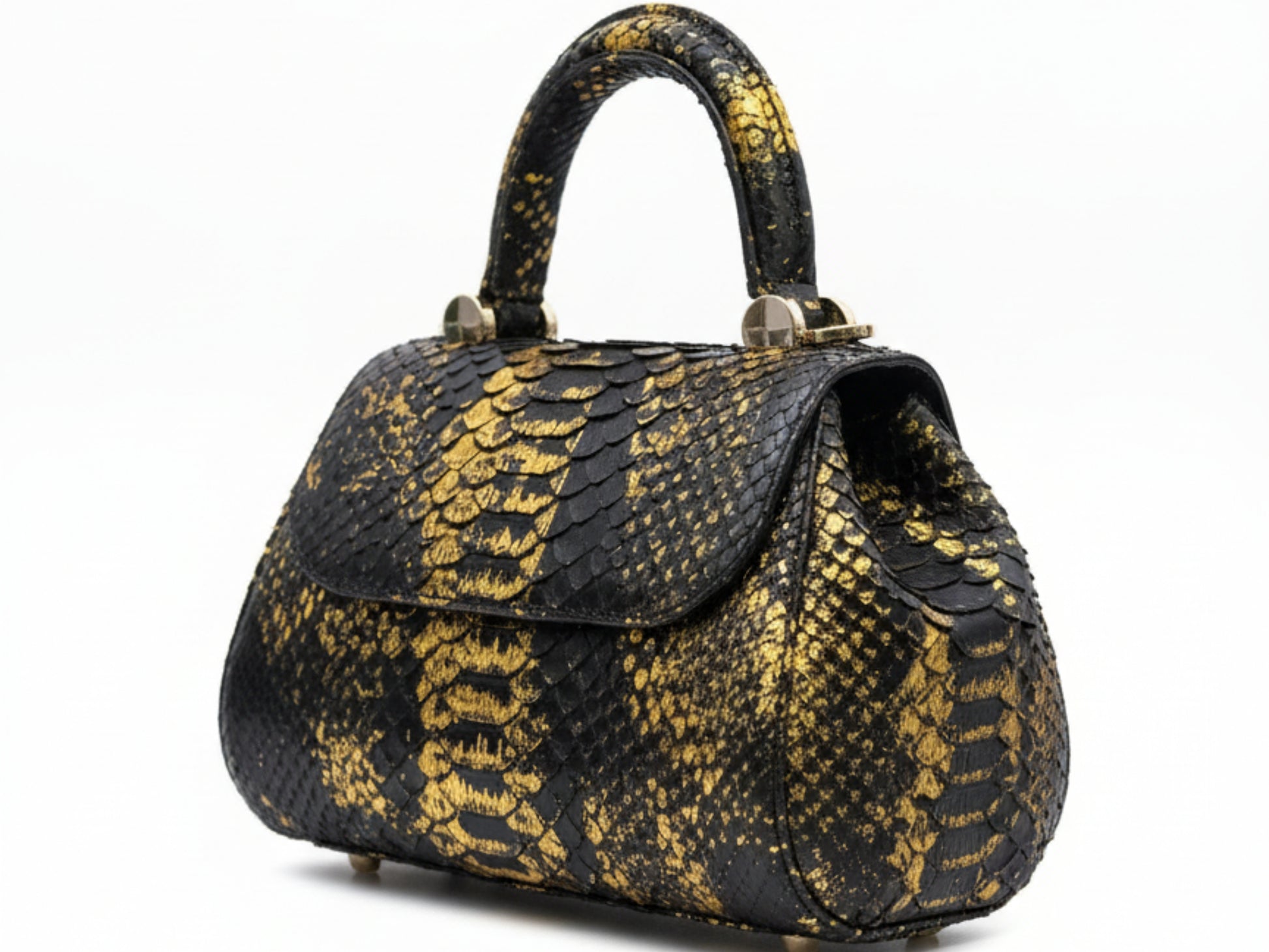 Luxury Genuine Python Snakeskin Handbag: Black & Gold Designer Purse
