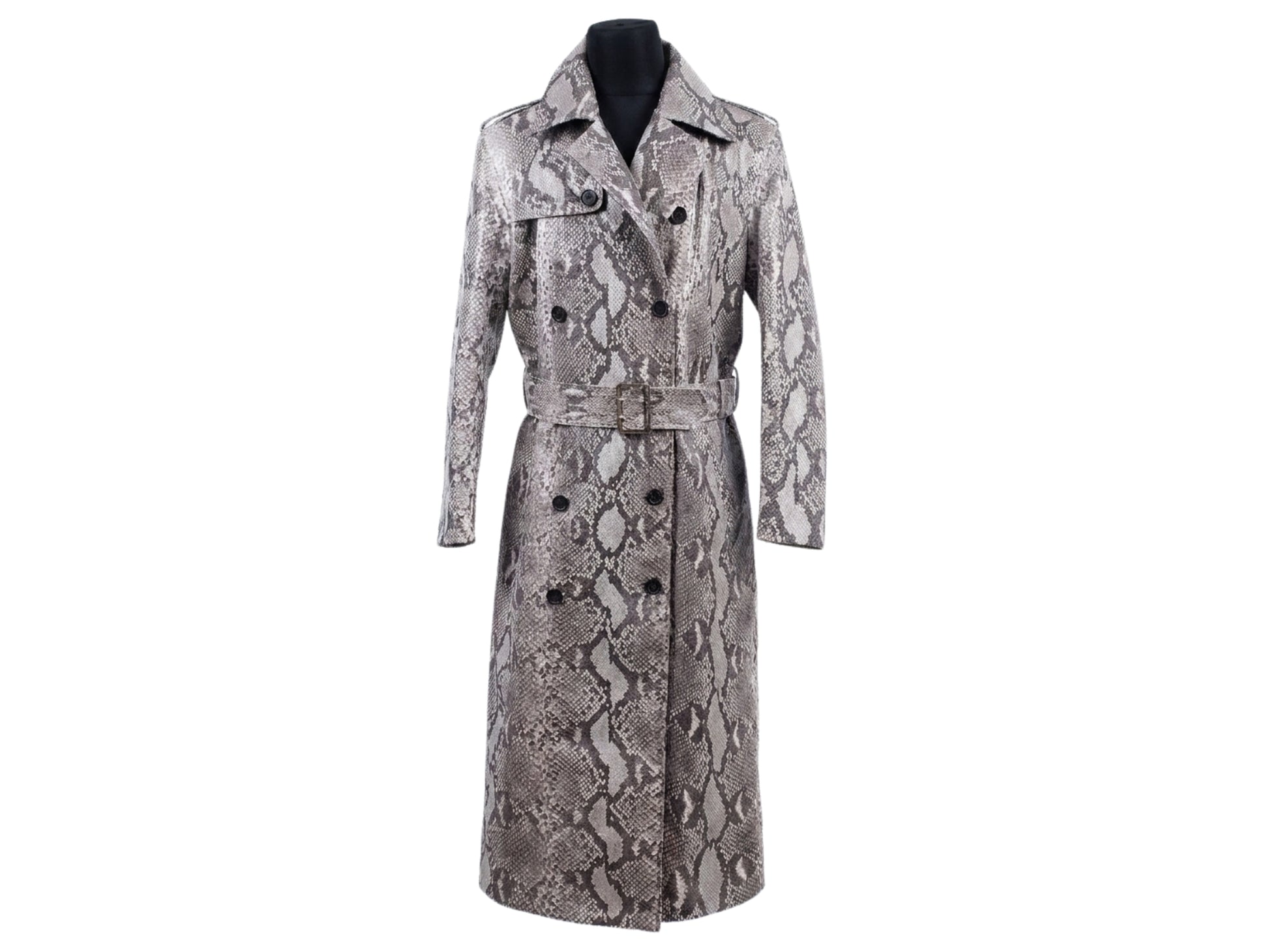 Natural Gray Python Snakeskin Long Trench Coat