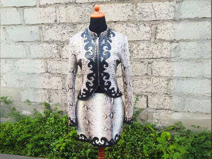 Snakeskin Two-Piece Set: Couture Skirt and Jacket with Black Appliqué