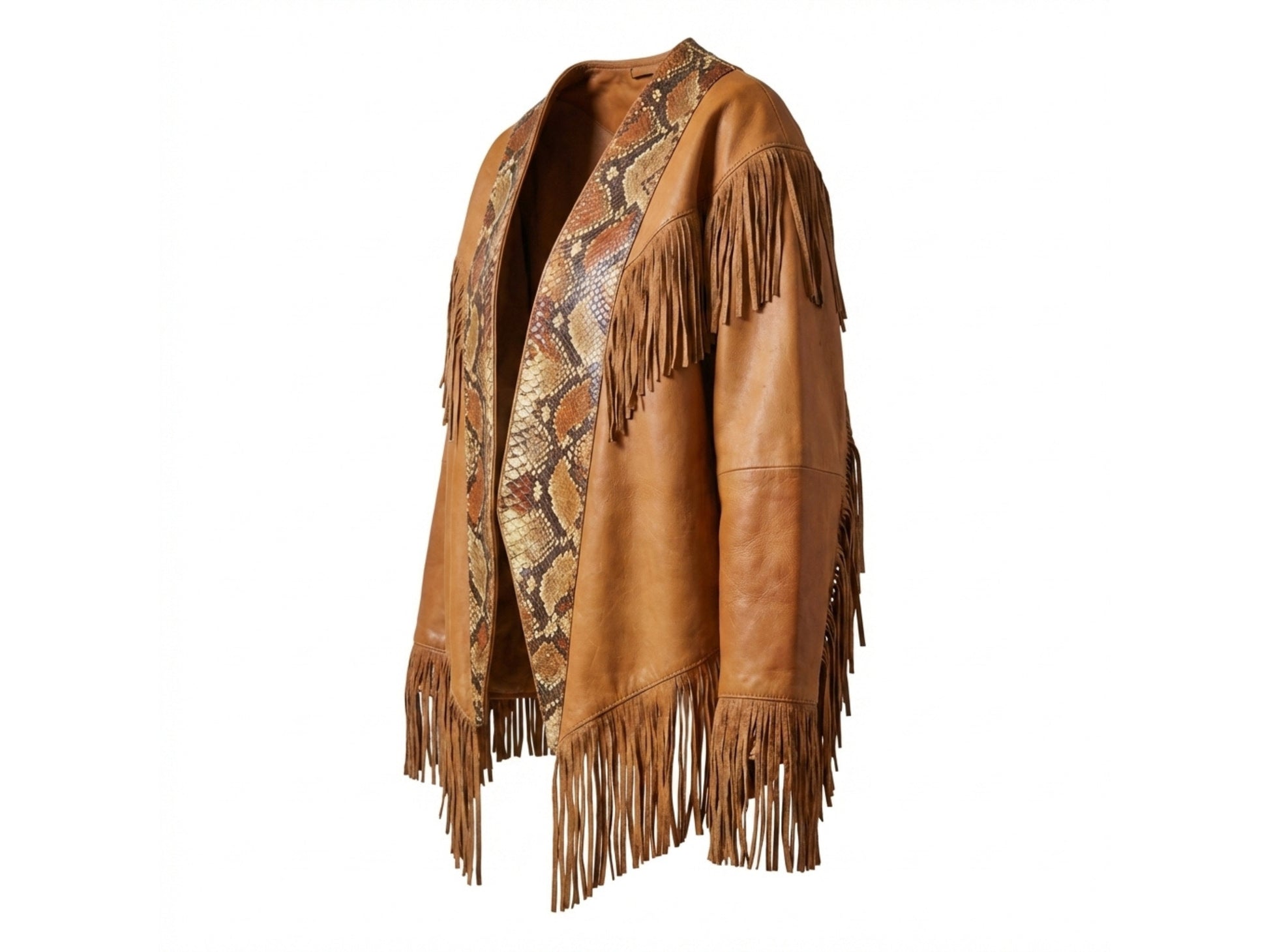 Brown Snakeskin Fringe Leather Jacket