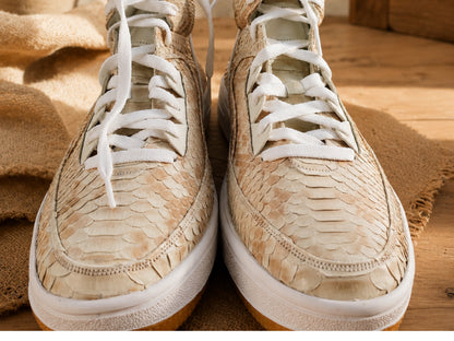 Beige Python Snakeskin Leather High-Top Sneakers