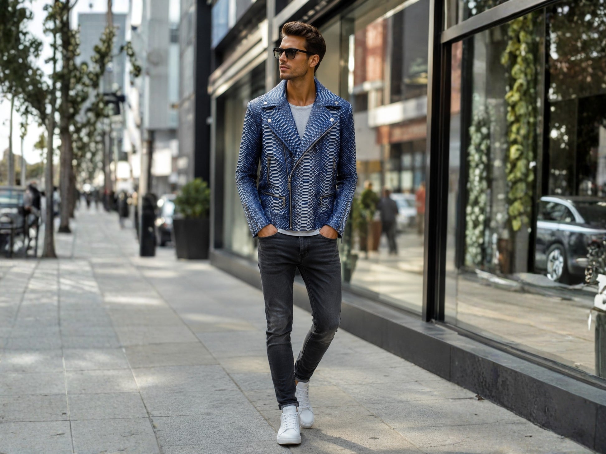 Man walking on a city street wearing a blue patterned jacket and dark jeans.