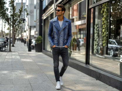 Man walking on a city street wearing a blue patterned jacket and dark jeans.