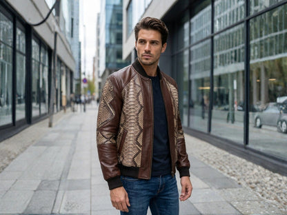 Dark Brown Python Snakeskin Bomber Jacket