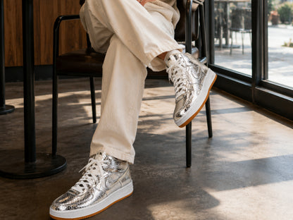Silver Python Snakeskin Leather High-Top Sneakers