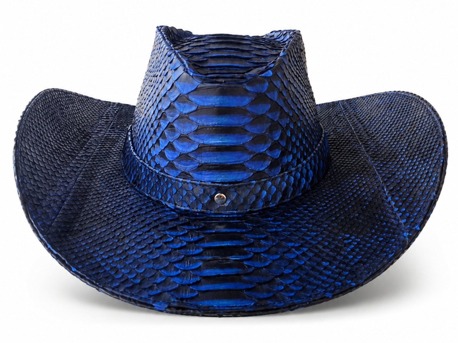 A blue and black python-patterned cowboy hat with a wide brim, photographed against a plain white background.