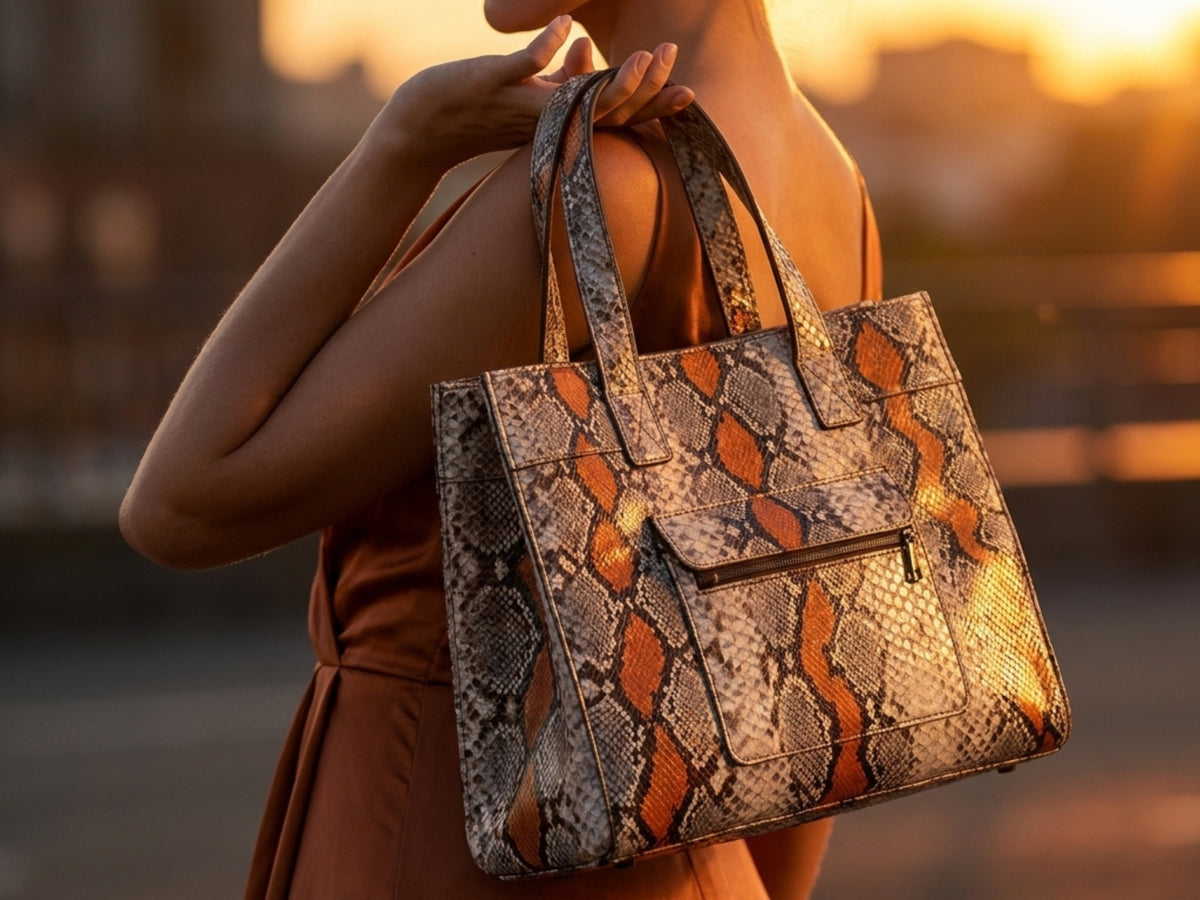 Genuine Python Snakeskin Tote Bag: Multi Orange Exotic Leather Skin