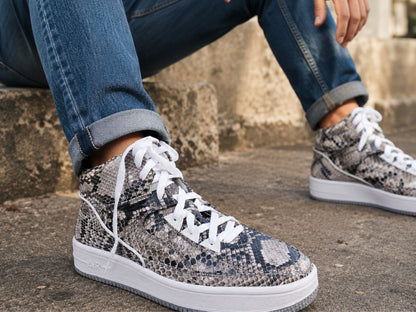 Natural Gray Python Snakeskin Leather High-Top Sneakers