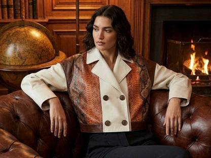 Cream Cognac Genuine Python Snakeskin Lambskin Double Breasted Blazer
