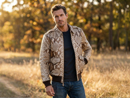 Taupe Beige Python Snakeskin Bomber Jacket