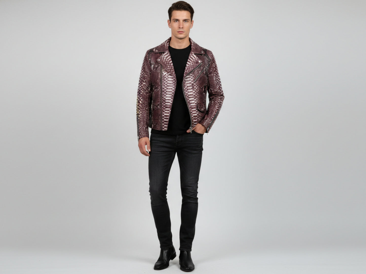 Genuine Python Snakeskin Leather Biker Jacket: Gradient Burgundy Exotic Motorcycle Jacket