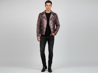 Genuine Python Snakeskin Leather Biker Jacket: Gradient Burgundy Exotic Motorcycle Jacket