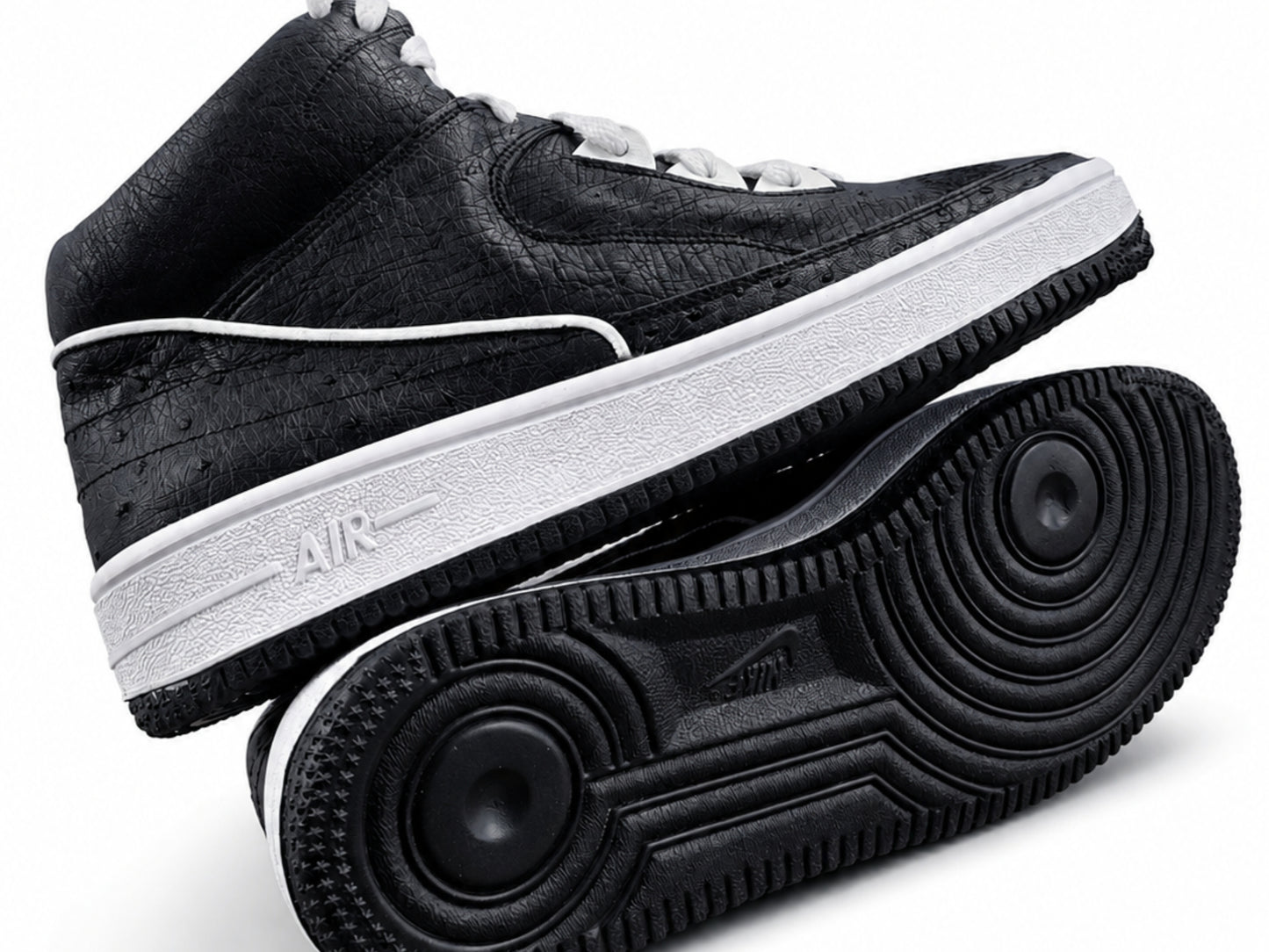 Black Ostrich Skin Leather High-Top Sneakers