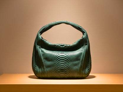 Green textured handbag on a wooden surface with a beige background