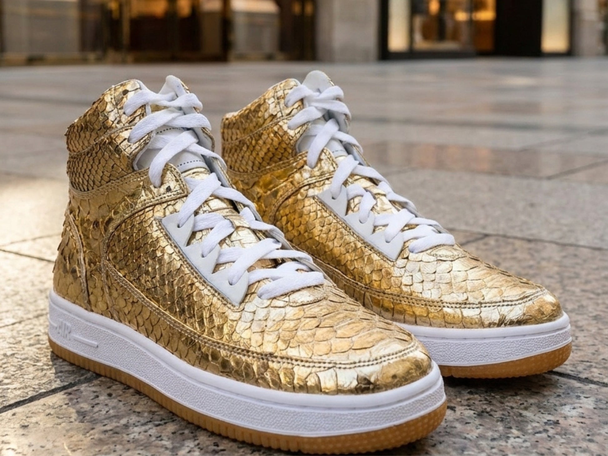 Gold Python Snakeskin Leather High-Top Sneakers