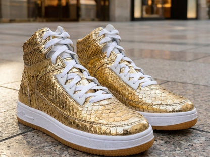 Gold Python Snakeskin Leather High-Top Sneakers