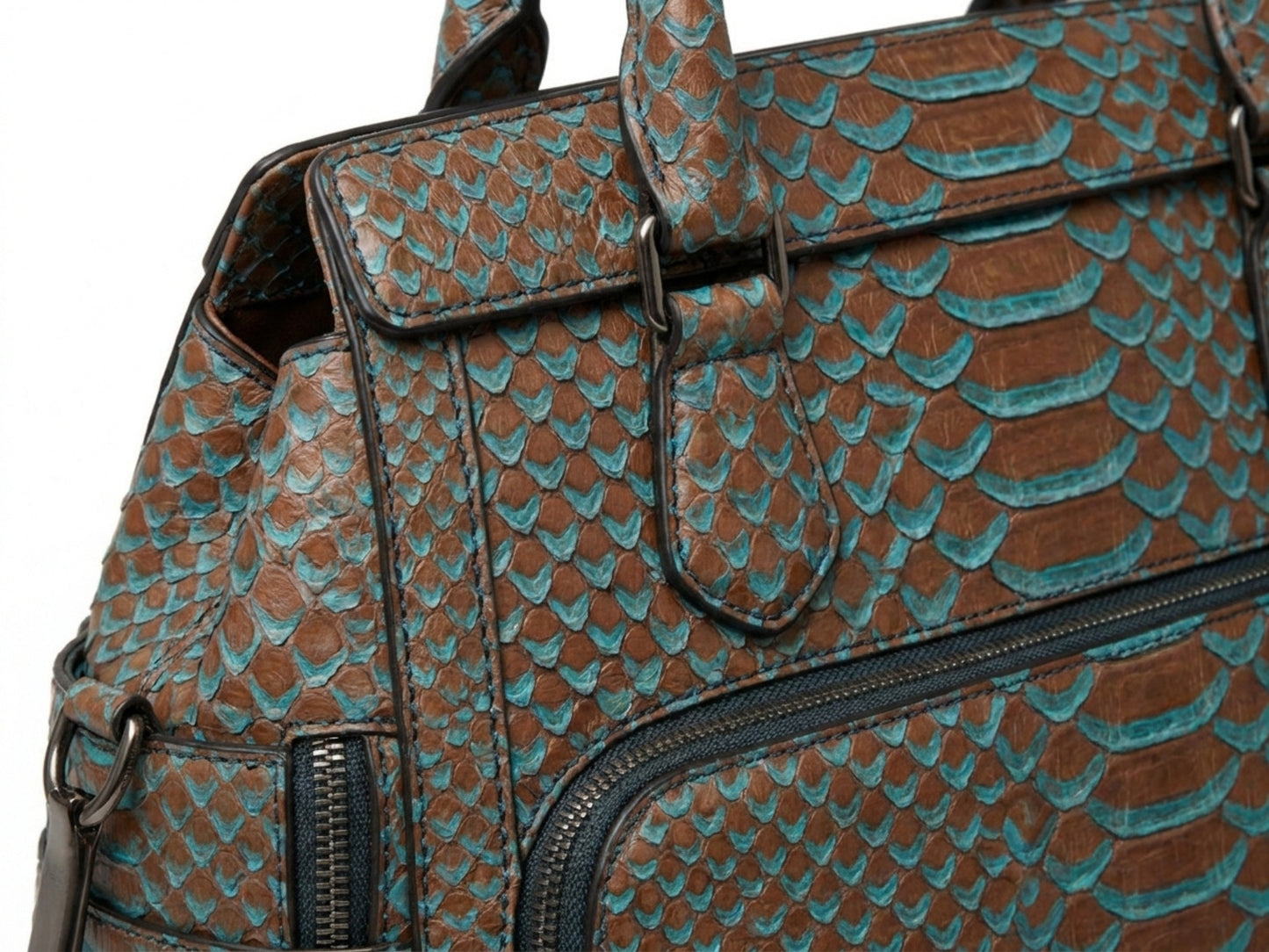 Brown Turquoise Python Snakeskin Leather Satchel Tote