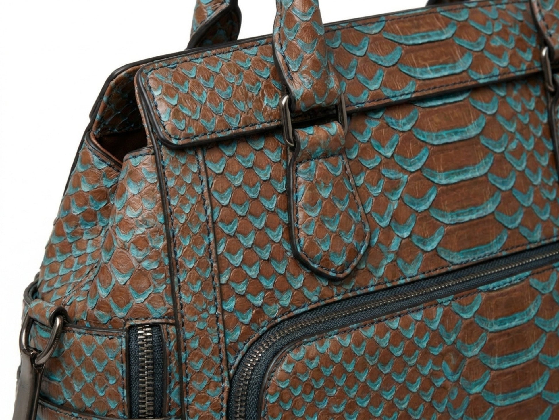 Brown Turquoise Python Snakeskin Leather Satchel Tote